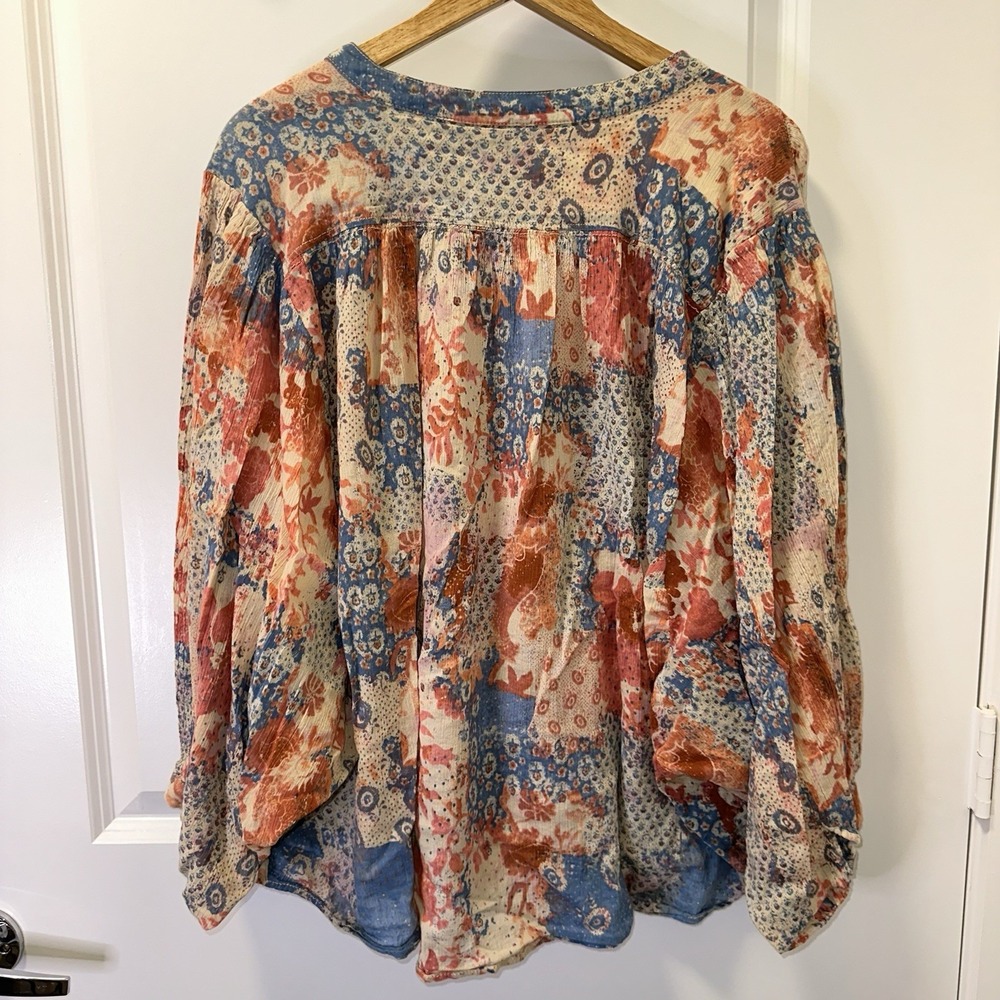 Anthropologie Patchwork Floral Button-Down Blouse in Blue, Rust, Cream - Picture 7 of 9